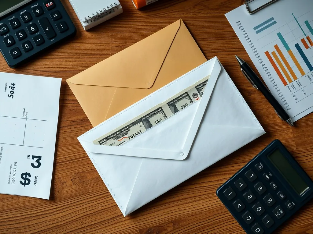 A close up top view of organized cash envelopes on a wooden