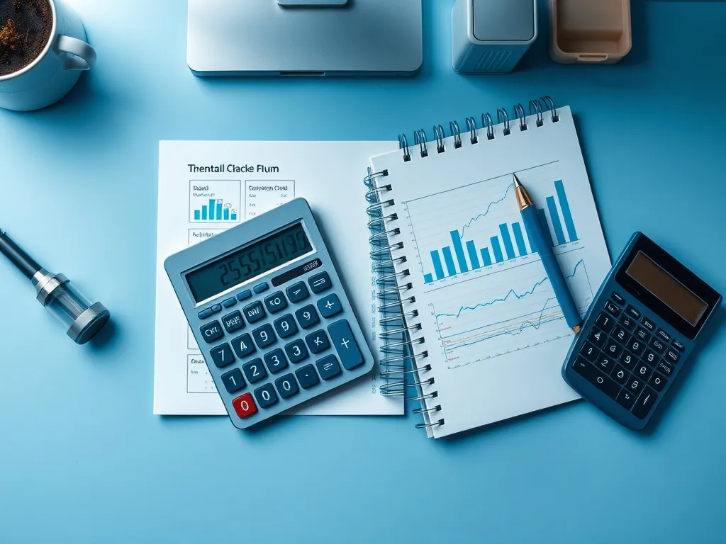 A professional minimalist desk with a calculator, a notebook