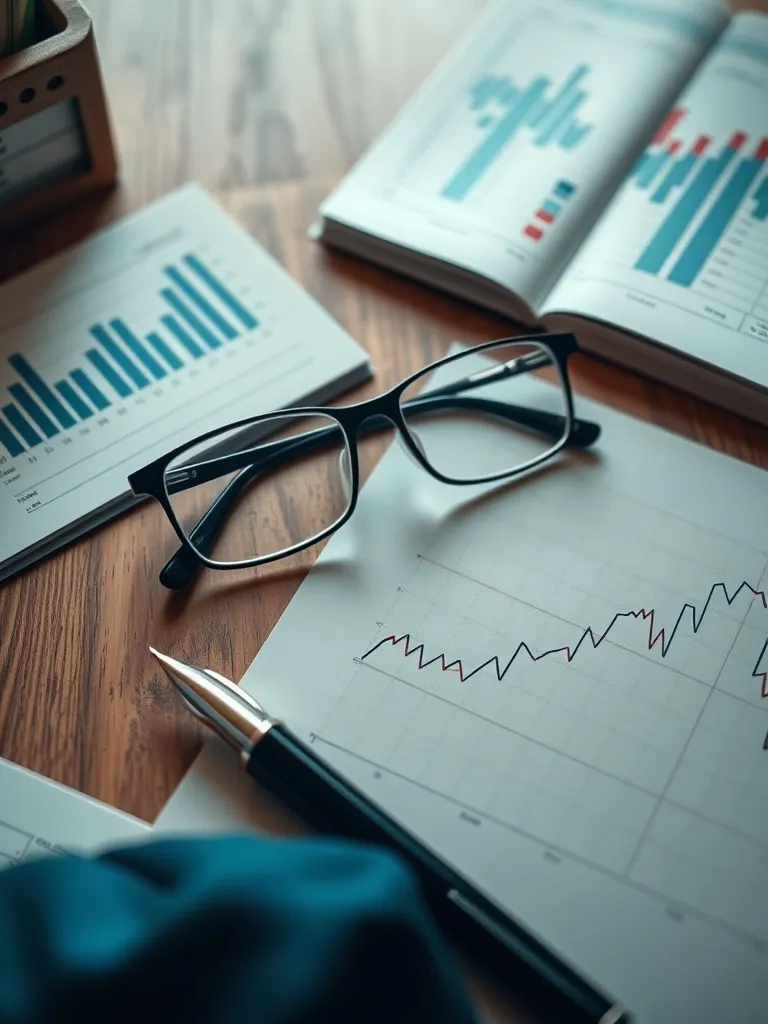 Detailed macro economic analysis on a wooden desk, glasses,